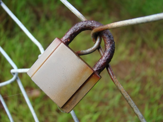A padlock attached to a chain link fence