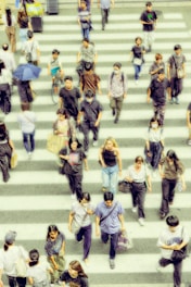 A crowd of people walking across a cross walk