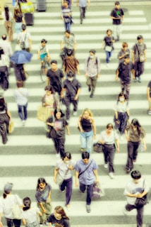 A crowd of people walking across a cross walk