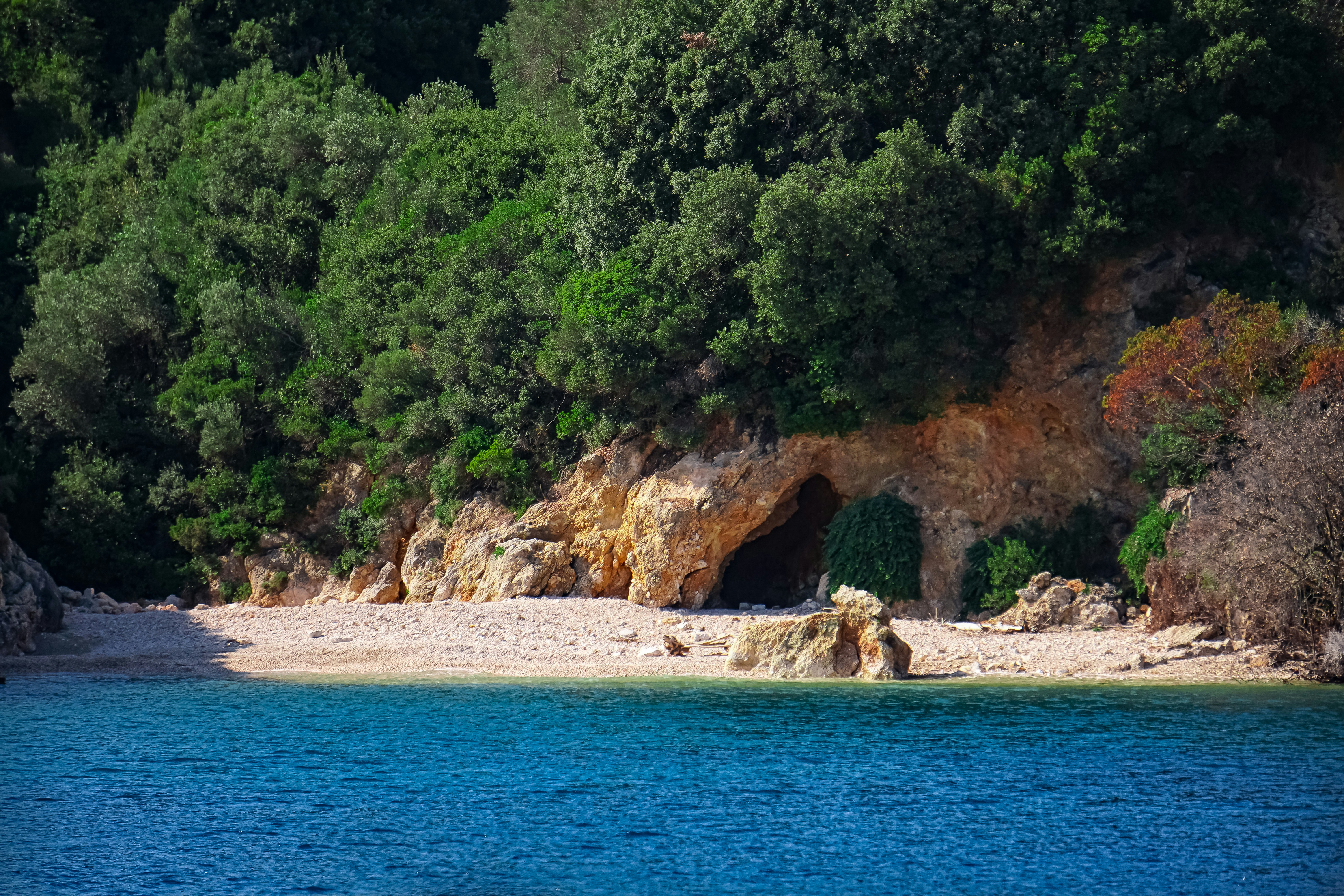 A body of water surrounded by trees and rocks, 