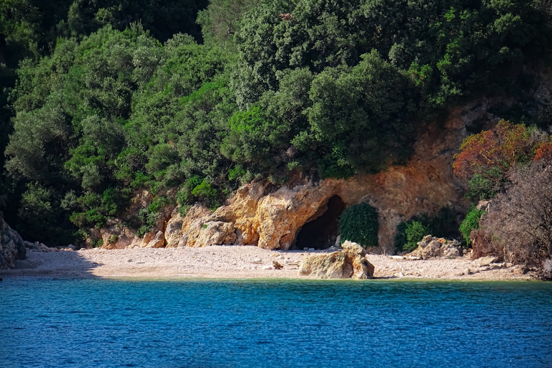 A body of water surrounded by trees and rocks,