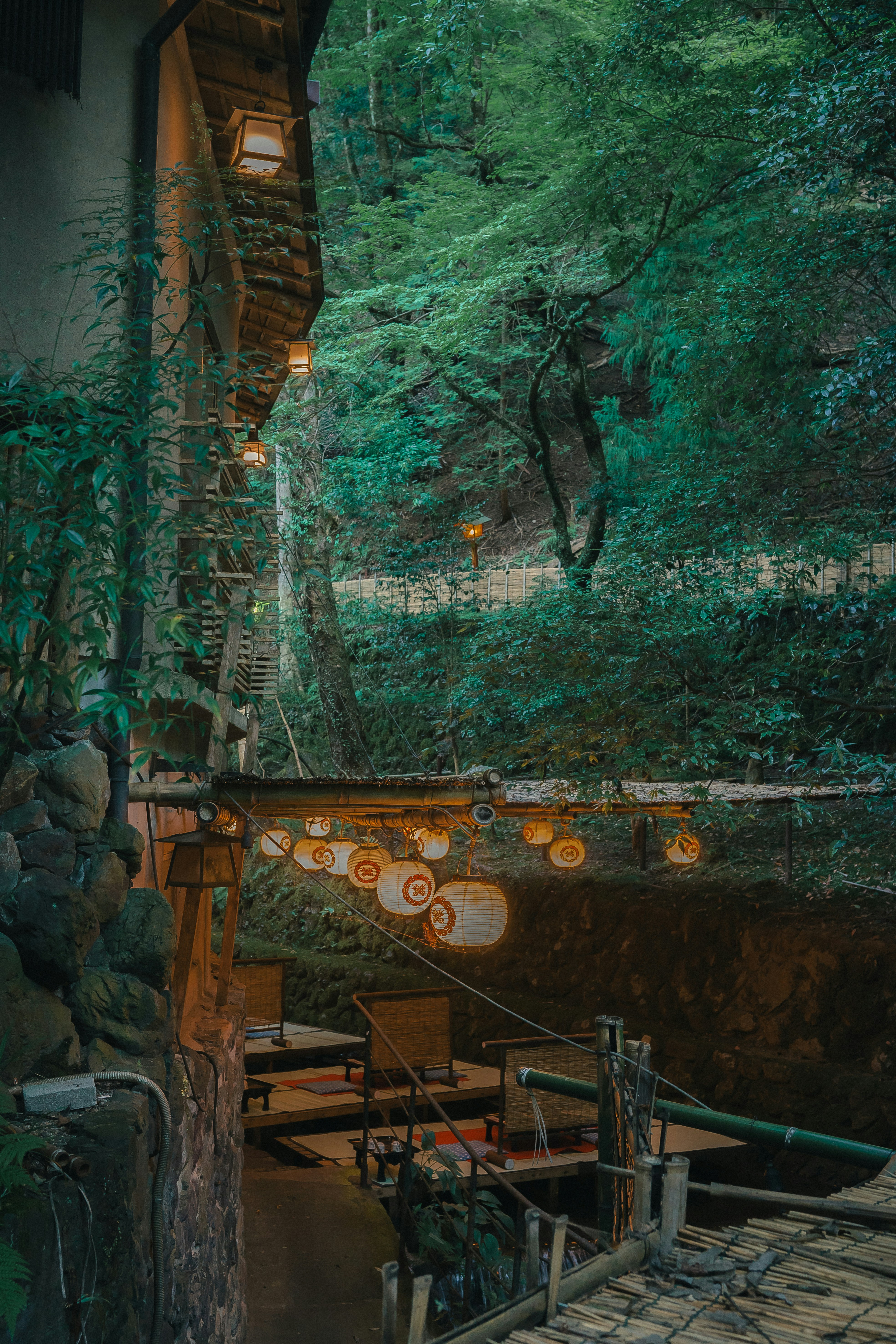 A wooden structure in the middle of a forest