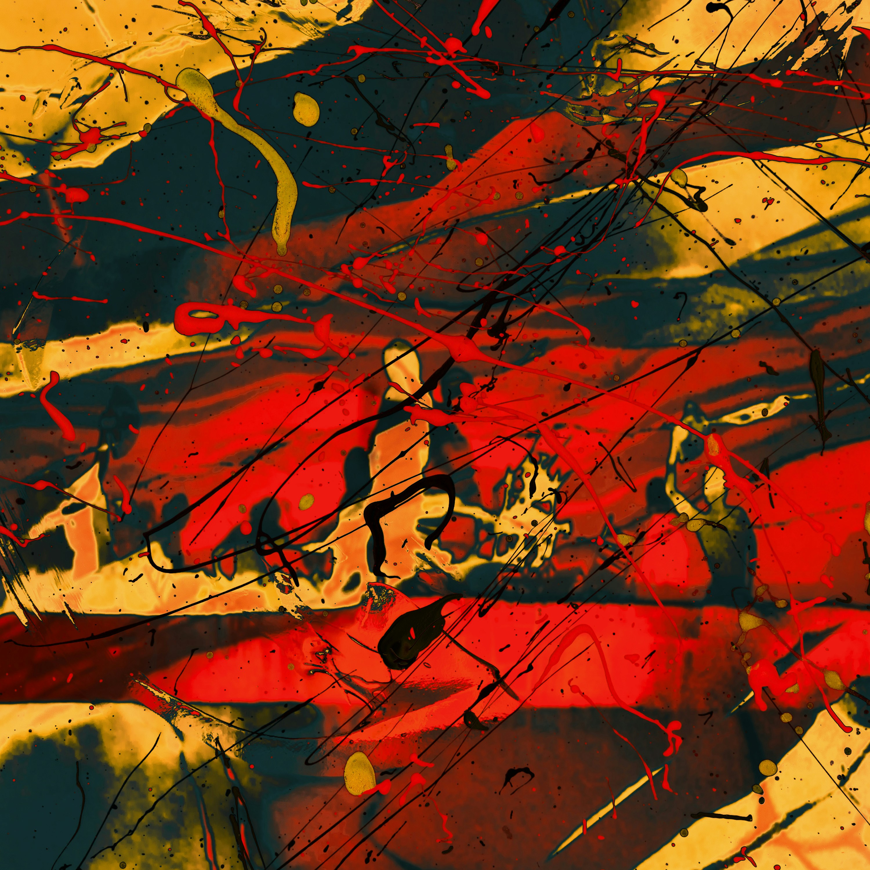 An abstract painting of red and yellow colors