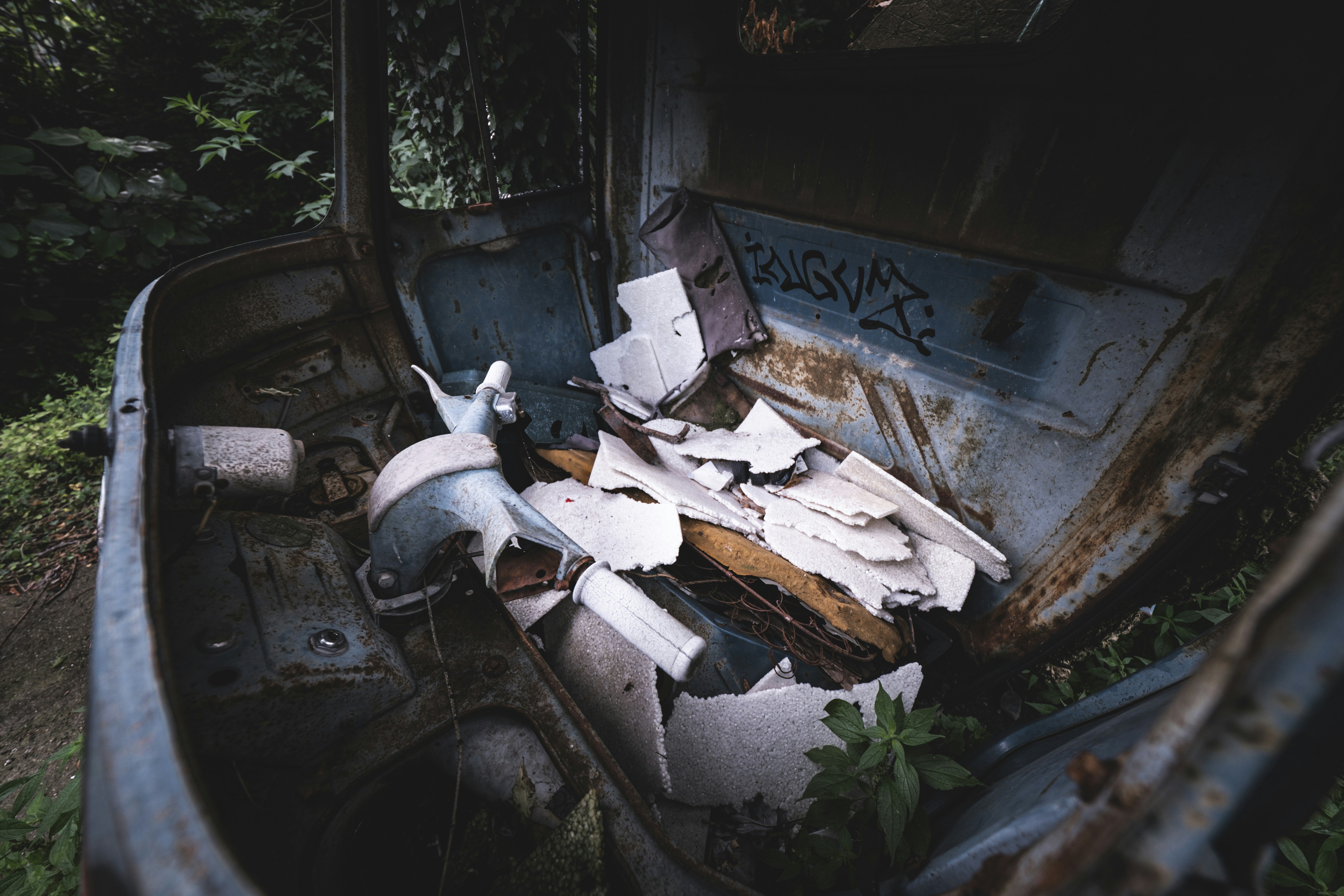 Ein alter Lastwagen, der im Gras steht