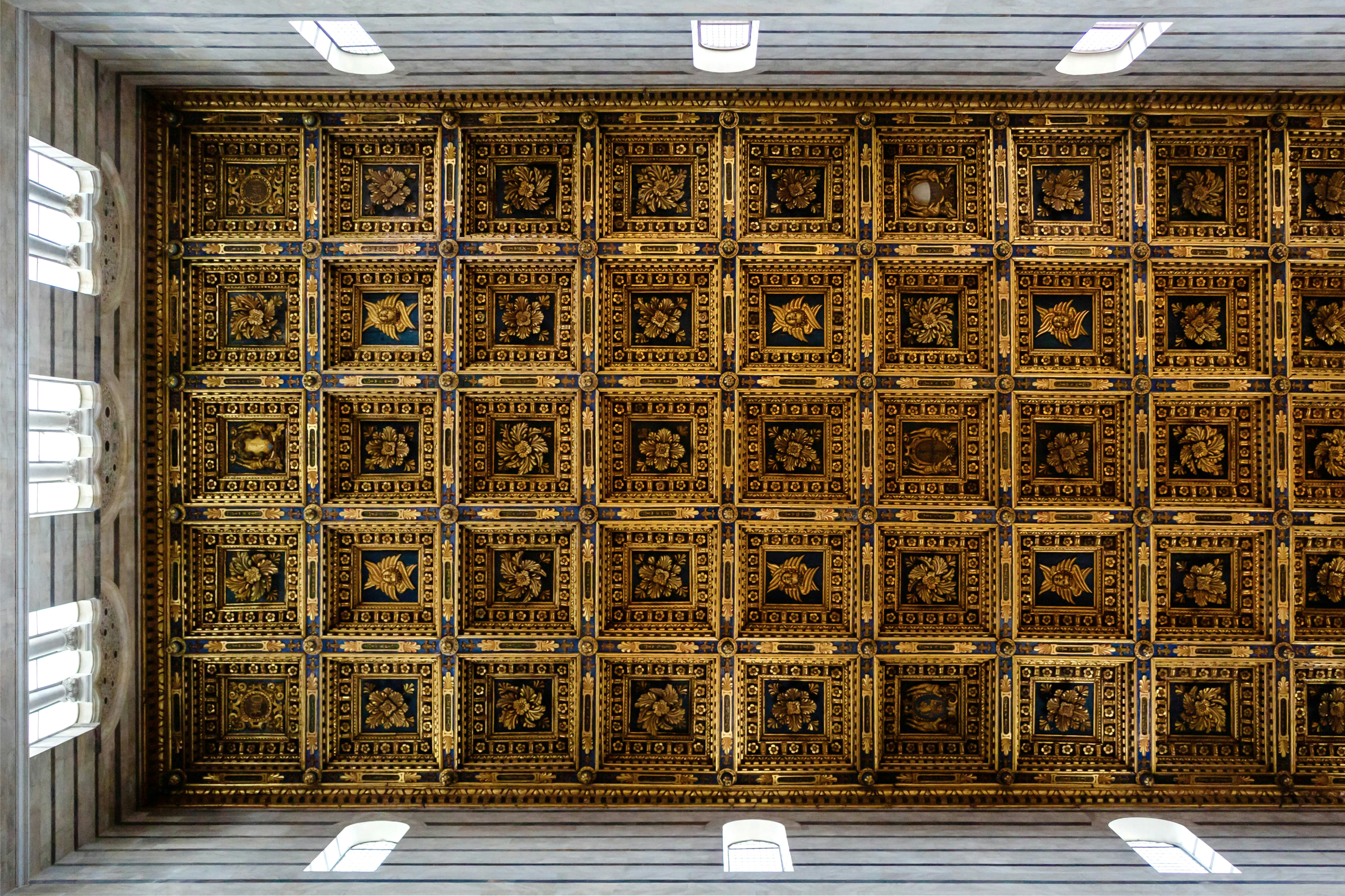 The ceiling of a building with many windows