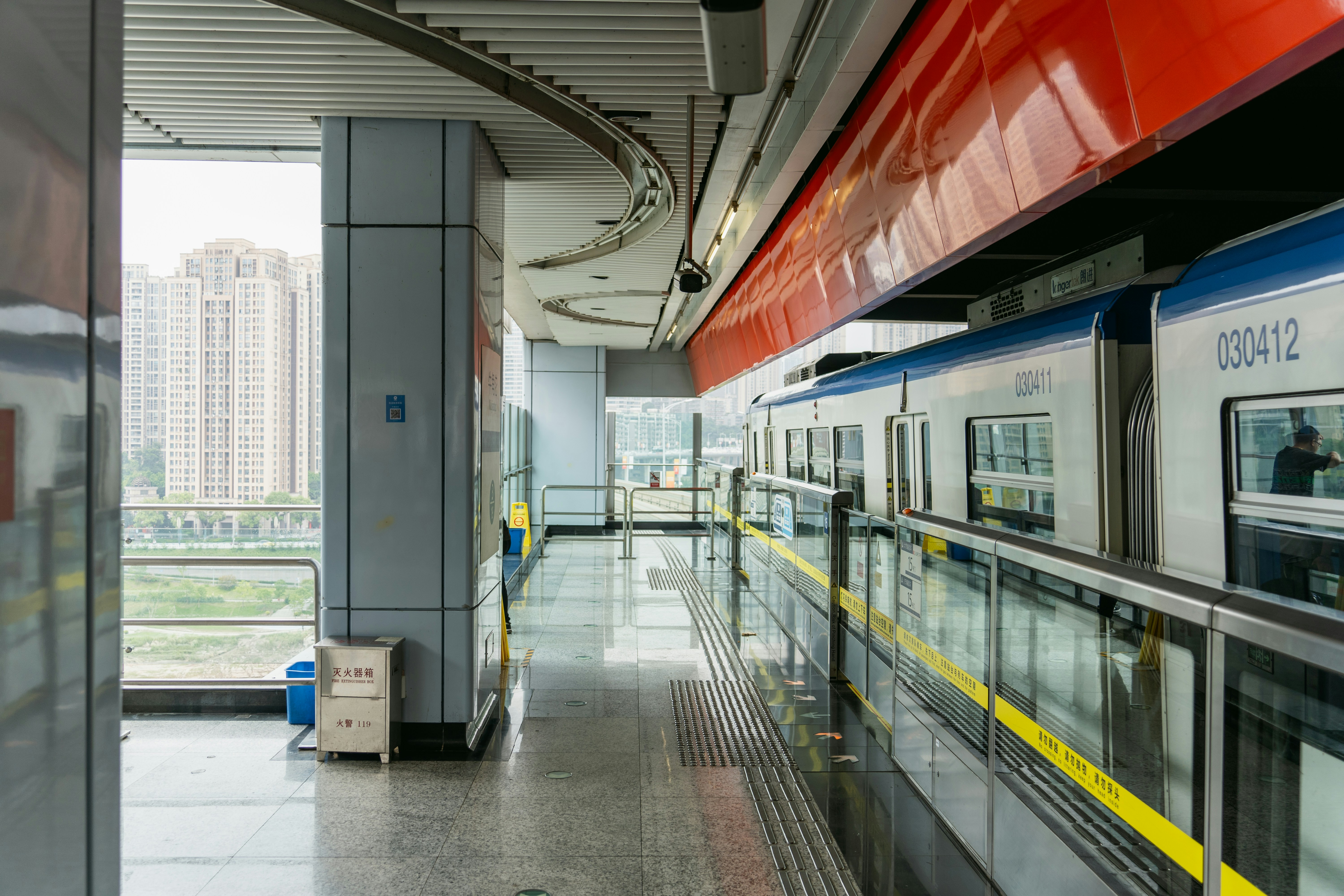 A train is parked in a train station