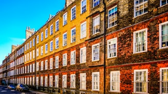 A row of brick buildings with white windows