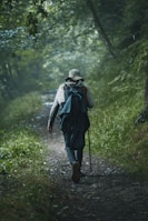 A man with a backpack walks down a path in the woods