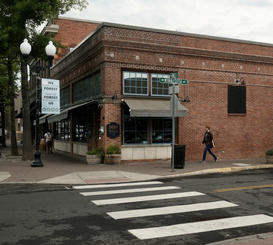 A brick building on a downtown Bend street corner