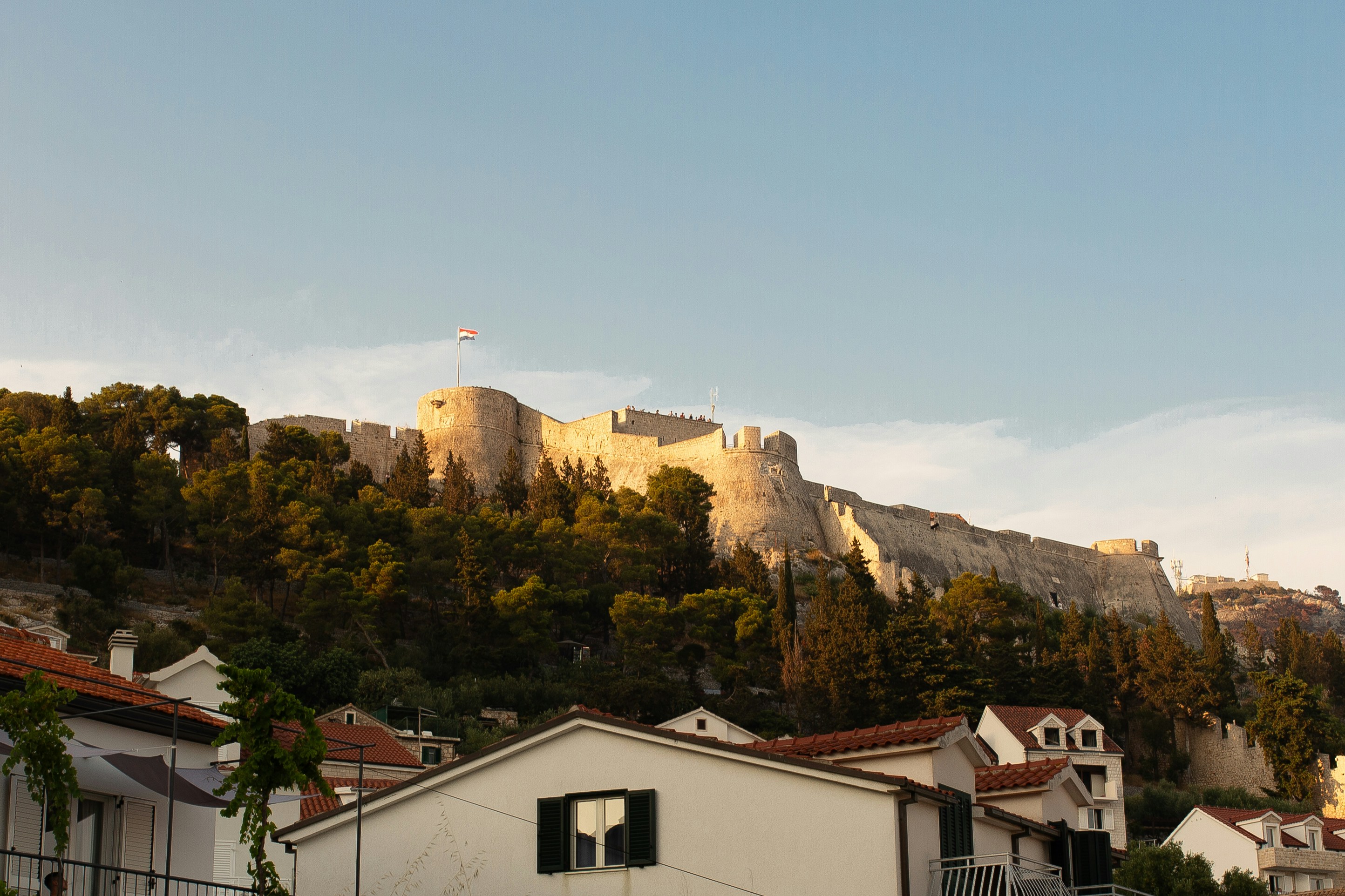 A view of a castle on top of a hill