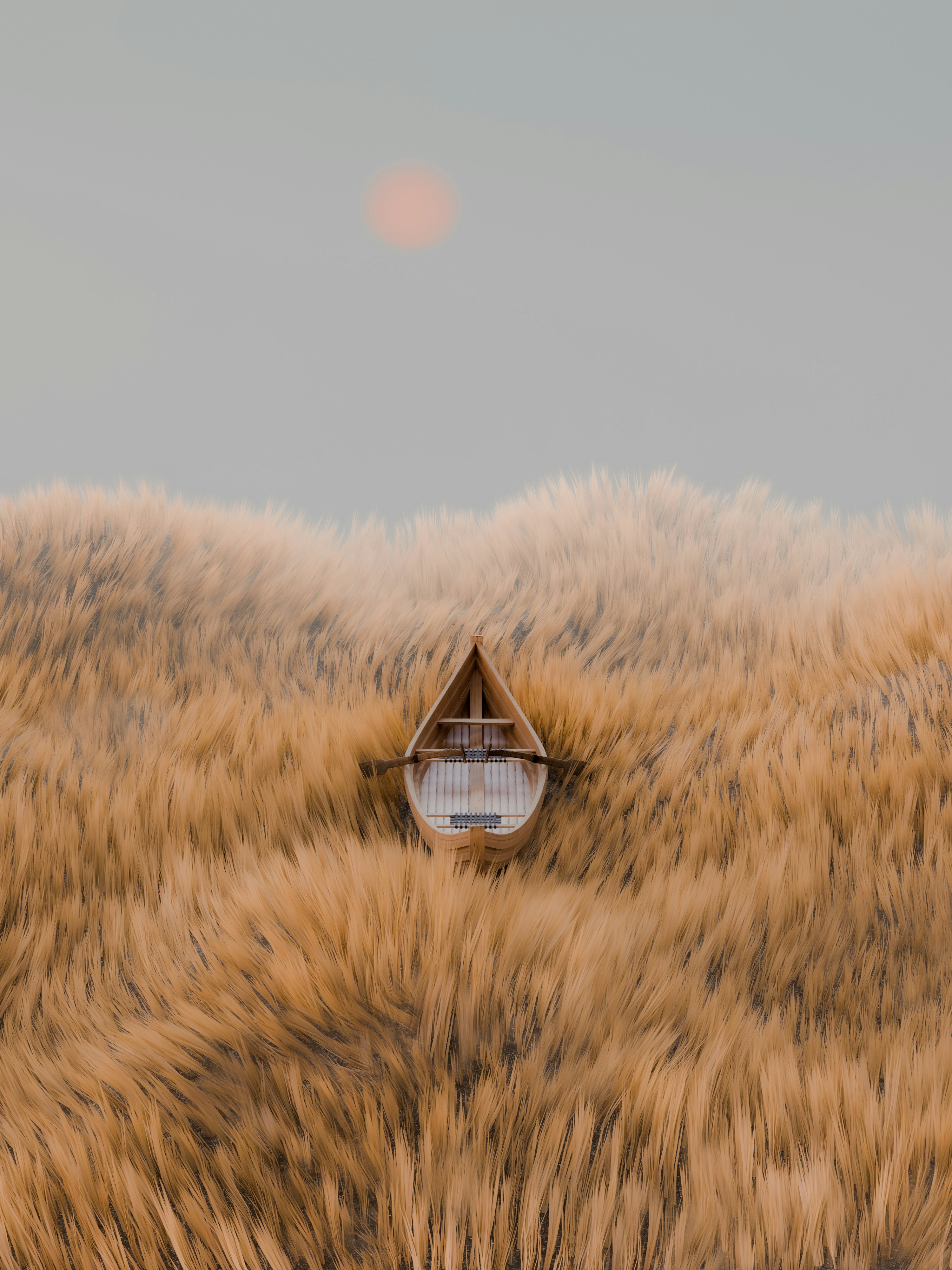 A boat floating in the middle of a dry grass field