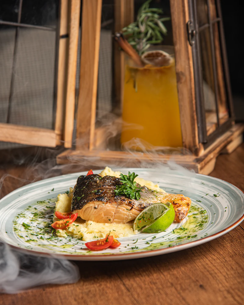 Artfully plated cuisine on a wooden table
