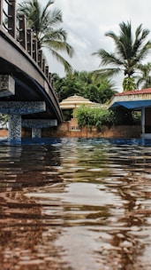 A large body of water with a bridge in the background