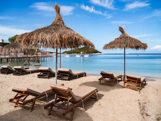 A sandy beach with lounge chairs and straw umbrellas