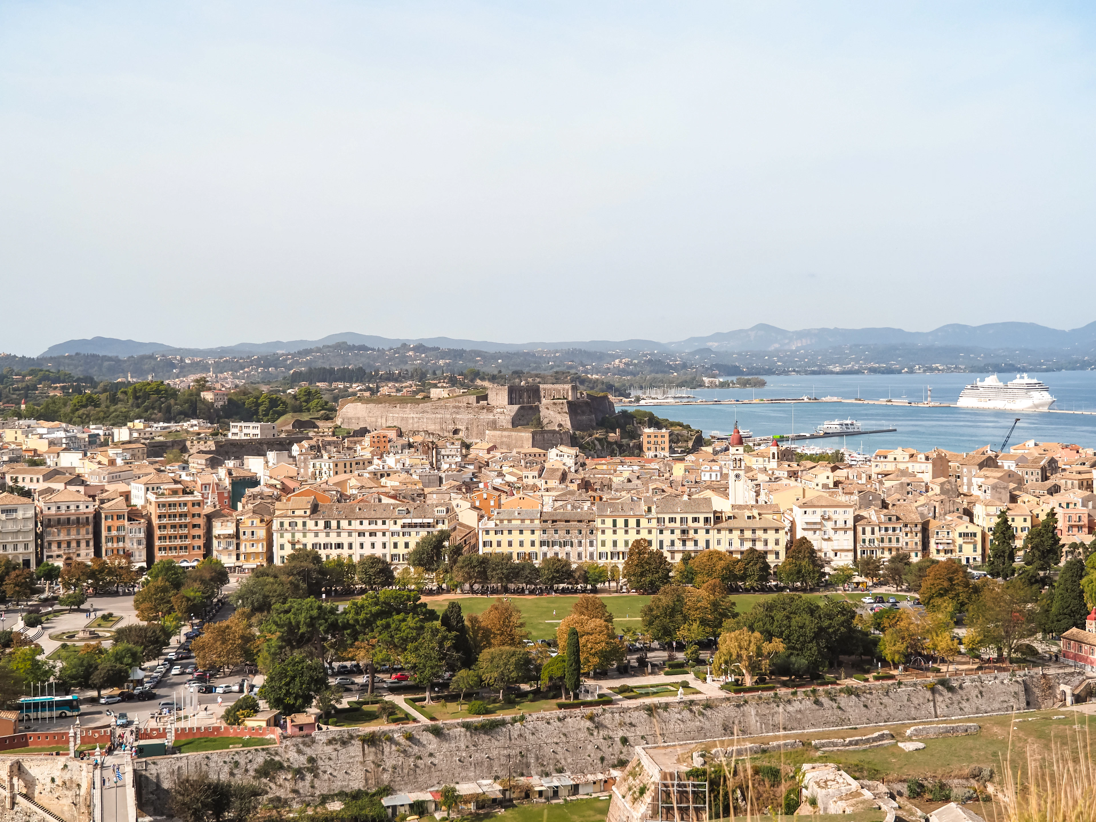 Corfu Town from above, the old fortress on its promontory with the Ionian Sea beyond