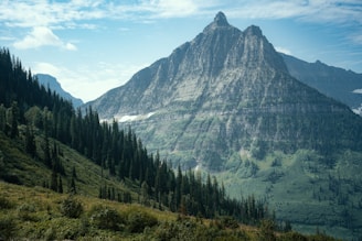 A view of a mountain range with trees and mountains in the background