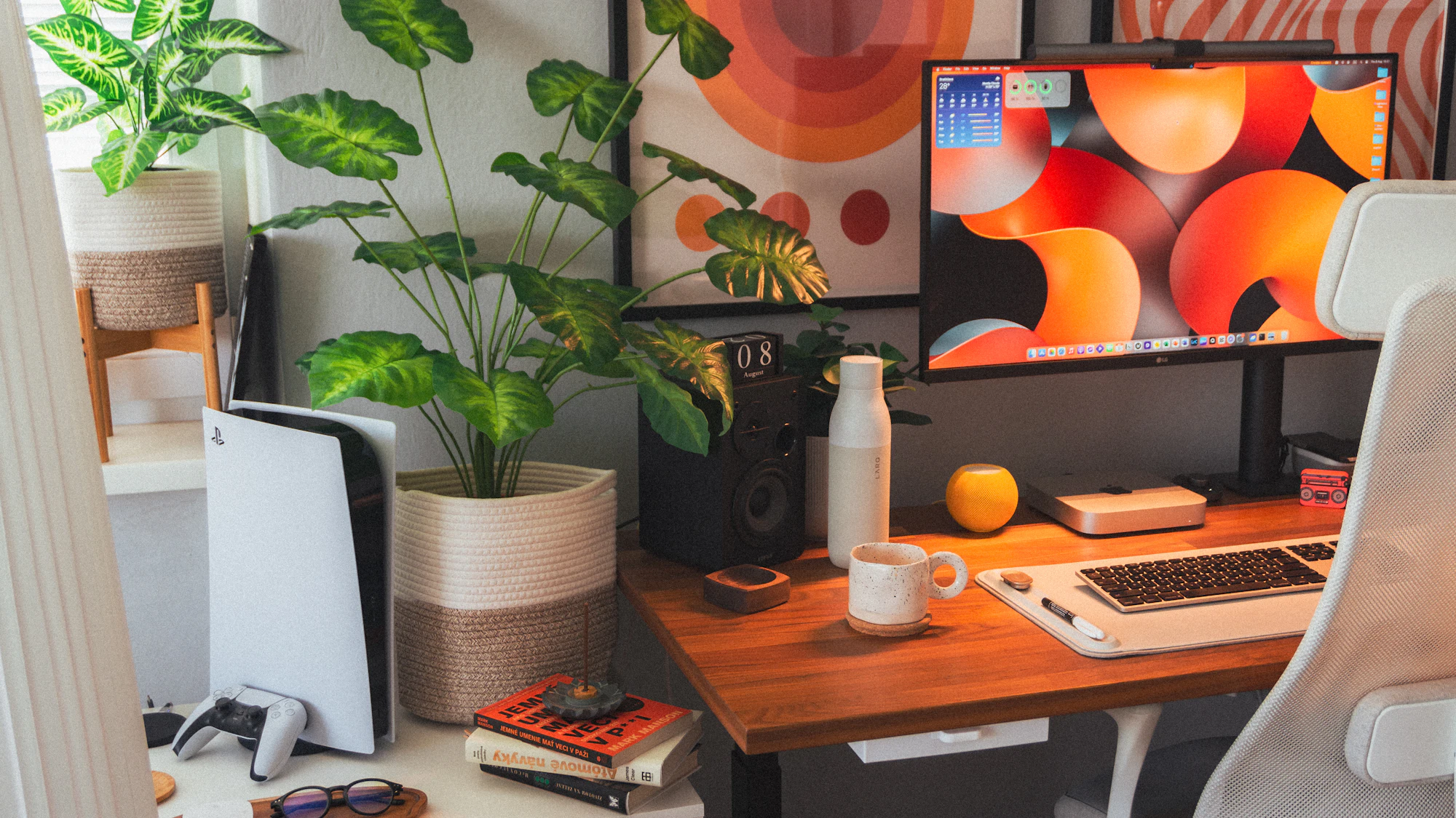 A quiet desk with a closed laptop and a potted plant in soft window light