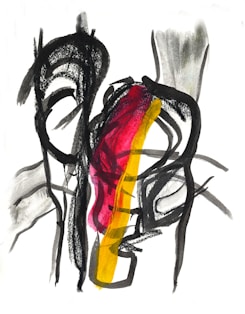 A drawing of a red, yellow and black object