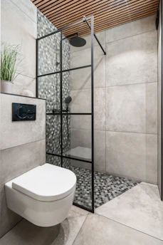 A white toilet sitting next to a walk in shower