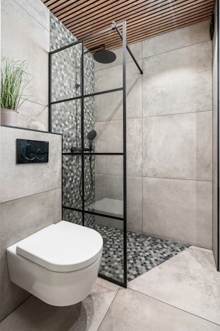 A white toilet sitting next to a walk in shower