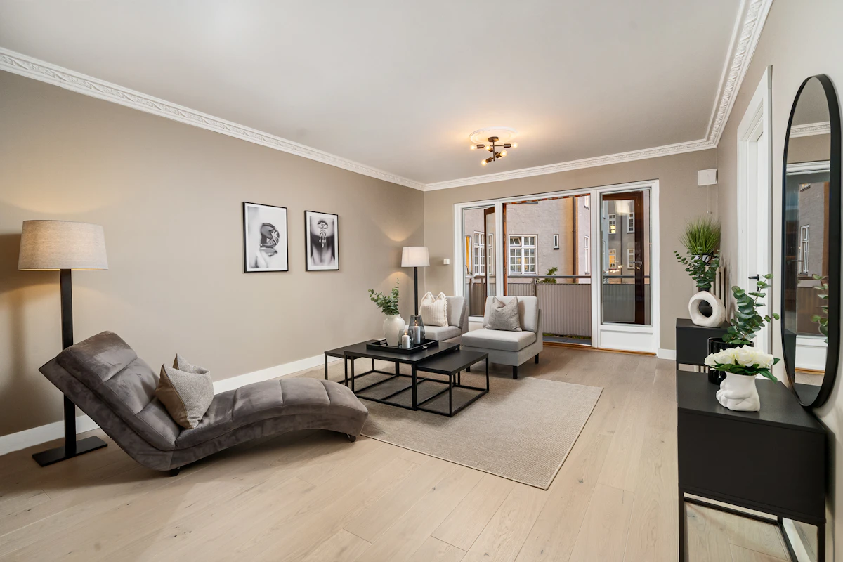 Living room with furniture, table, mirror, lamp and soft decorative layers