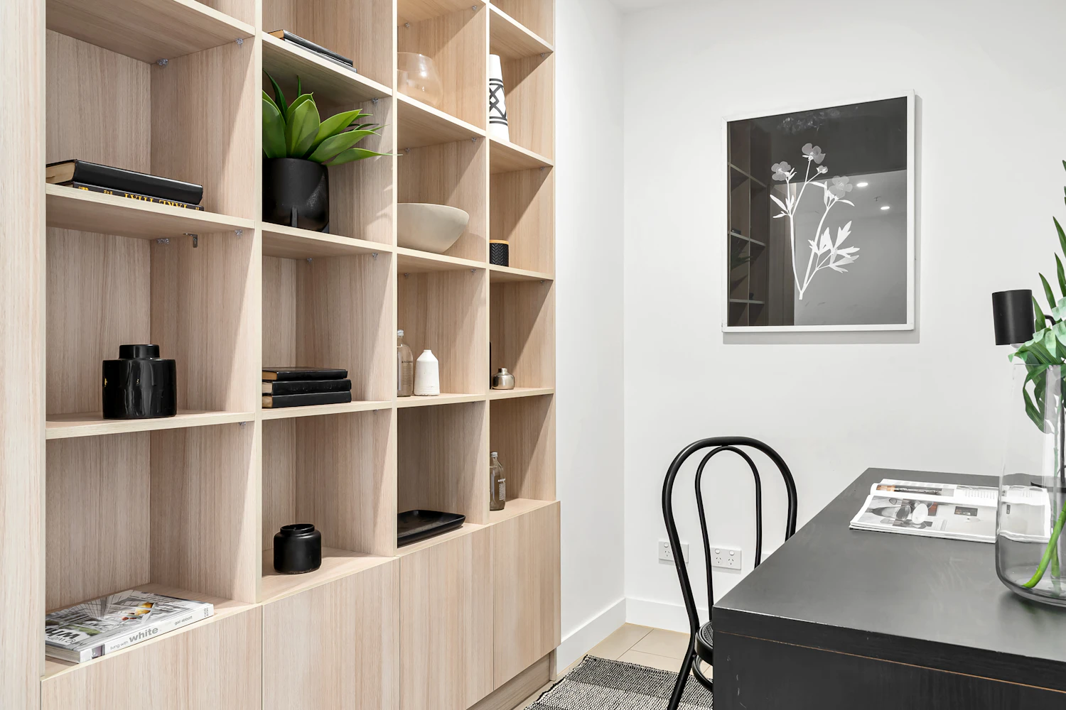 Home office with a desk and built-in bookcase, shown as cabinetry inspiration
