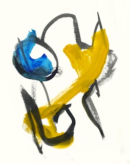 A painting of a blue and yellow flower on a white background