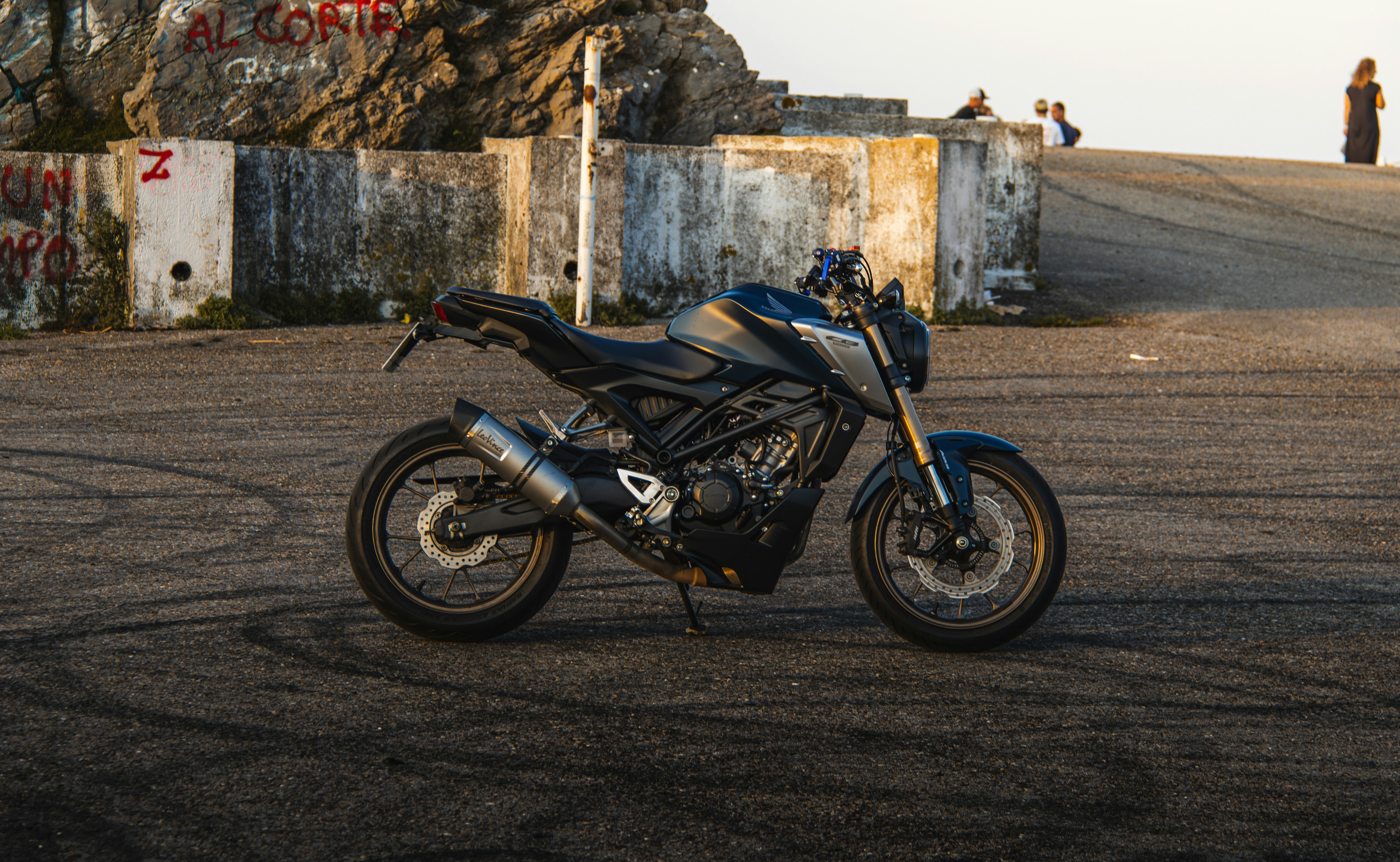 A motorcycle is parked in a parking lot