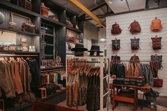 A clothing store with a lot of items on display
