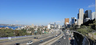 Northern Sydney A view of a freeway with a city in the background