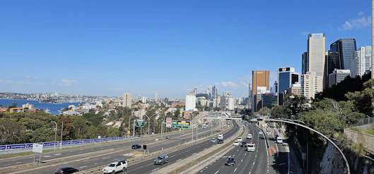 Northern Sydney A view of a freeway with a city in the background