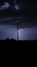 A windmill with a red light in the middle of a field
