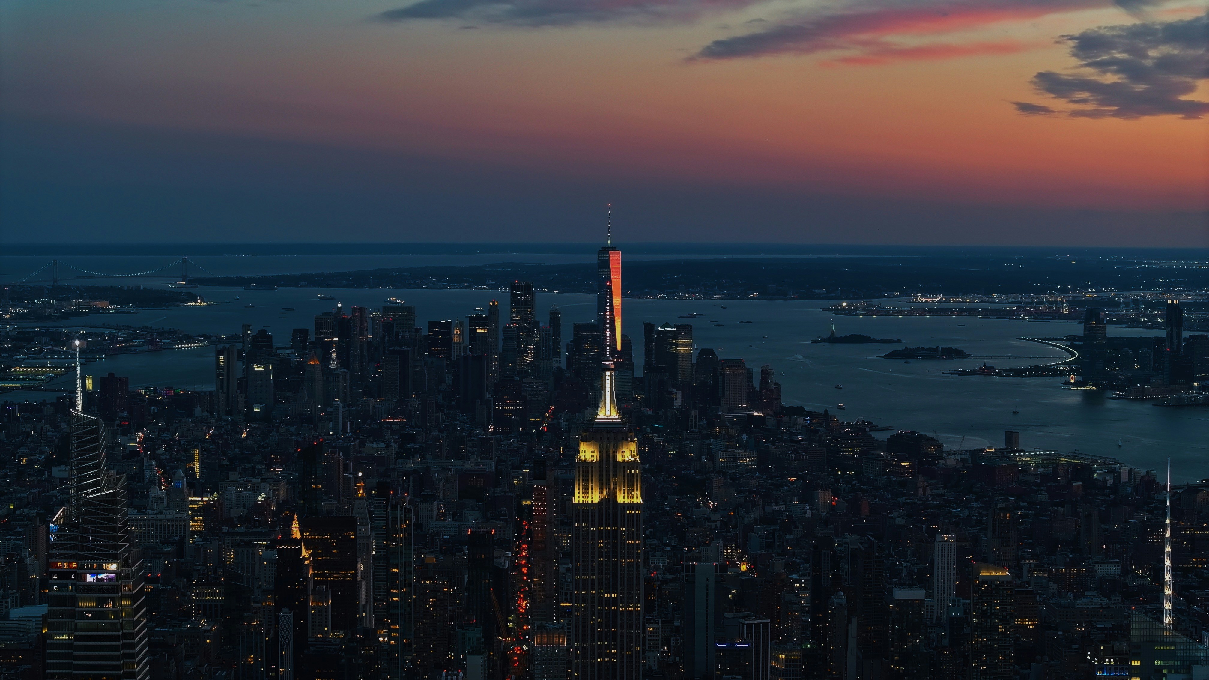An aerial view of a city at night