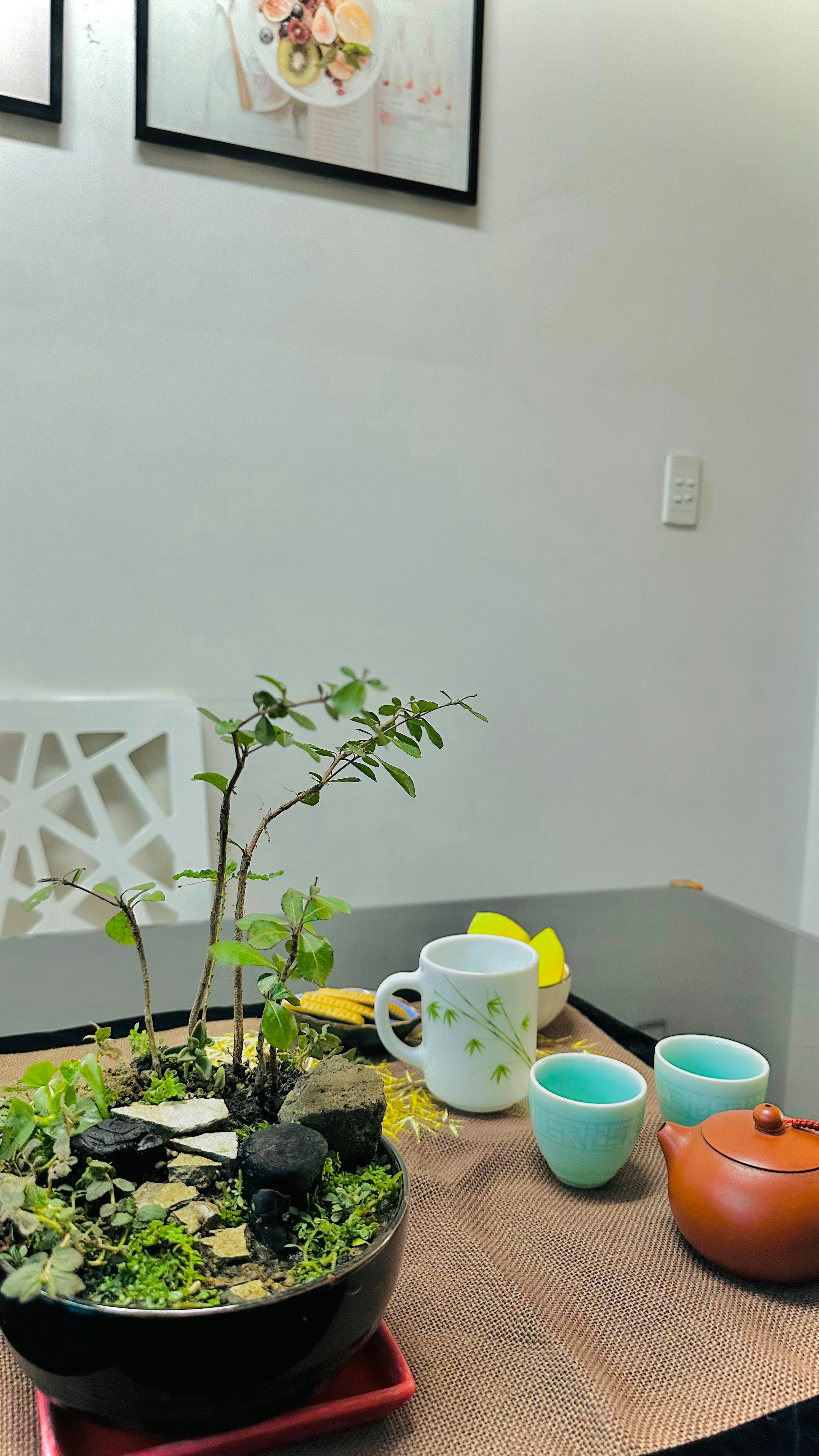A table with a potted plant on top of it