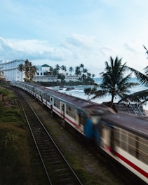 A train traveling down tracks next to a beach