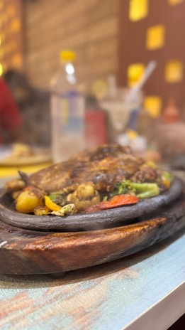 A close up of a plate of food on a table