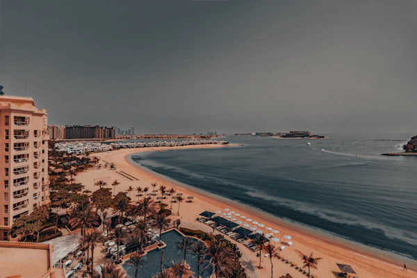 Beach and coastal buildings on Palm Jumeirah in Dubai