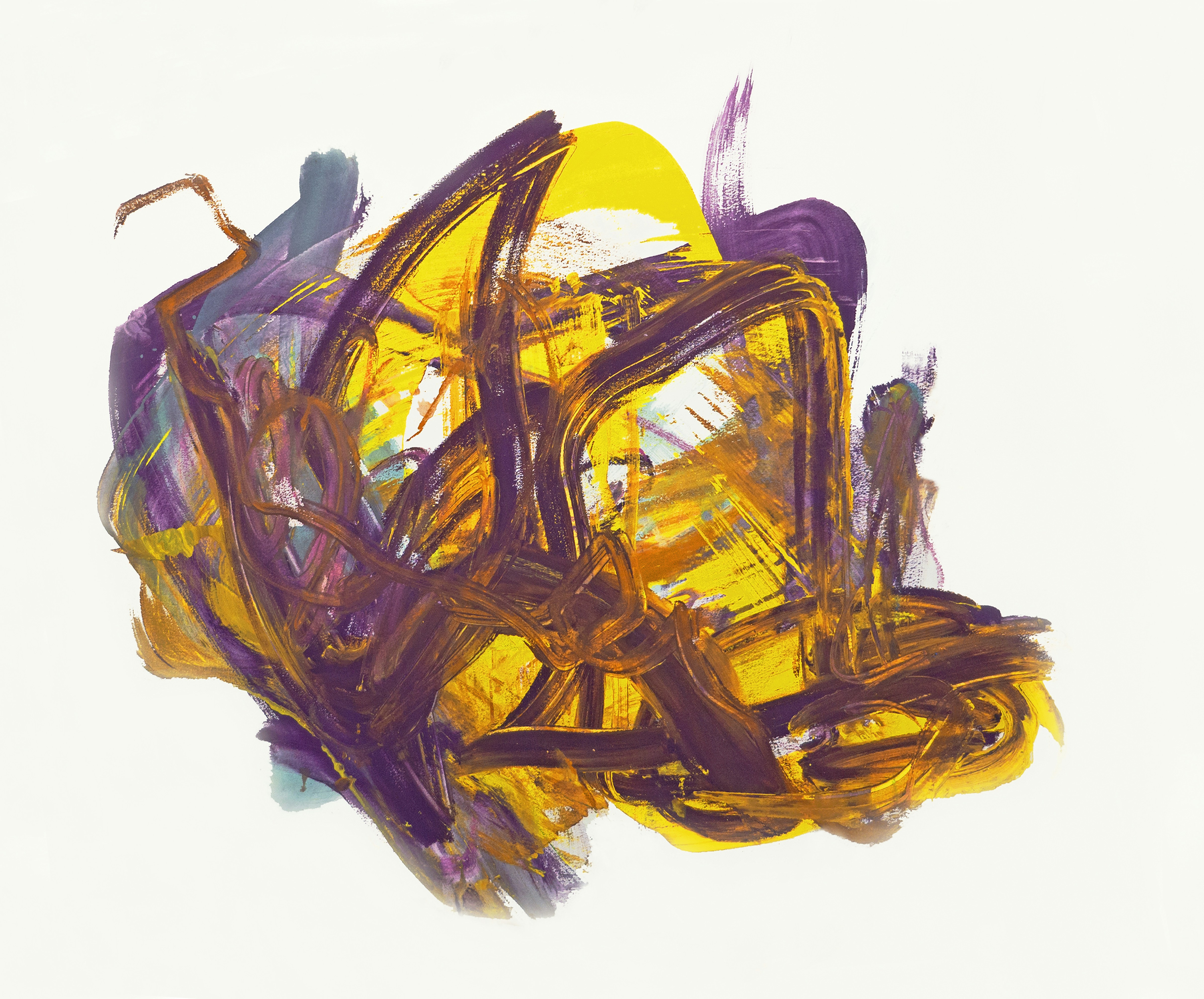 An abstract painting of yellow and purple colors