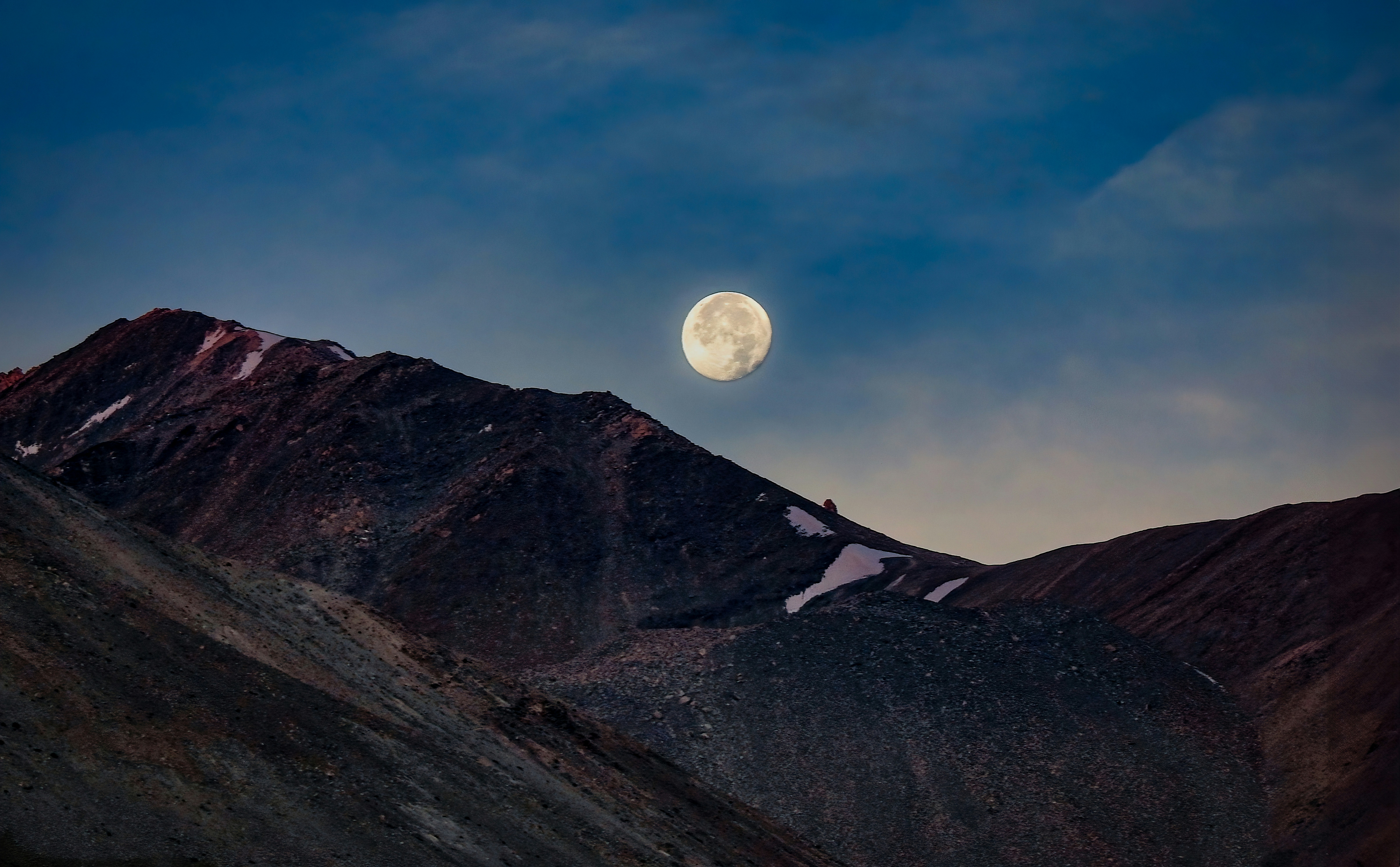 Himalayan mountain range at dusk with dark rocky terrain, deep shadows on ancient peaks, cold moody light