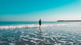A person standing in the water at the beach