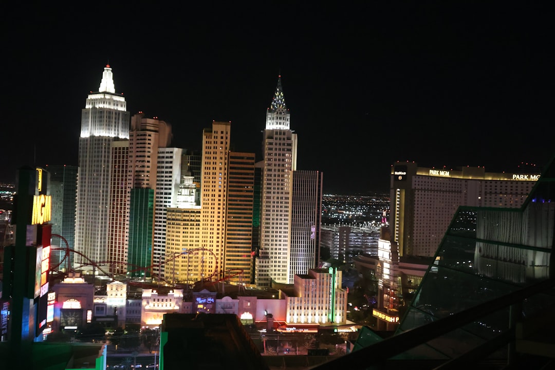 A view of a city at night from the top of a building, View from skyline terrace at mgm grand