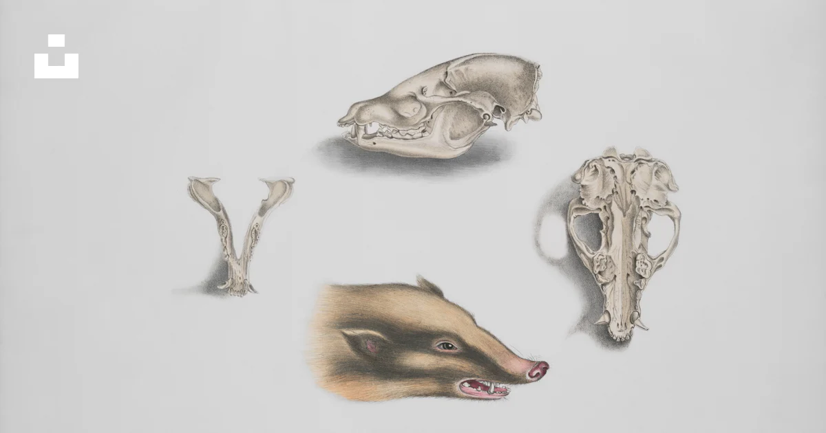Testuz Four animal skulls and a boar's head illustration. photo – Free Animal ...