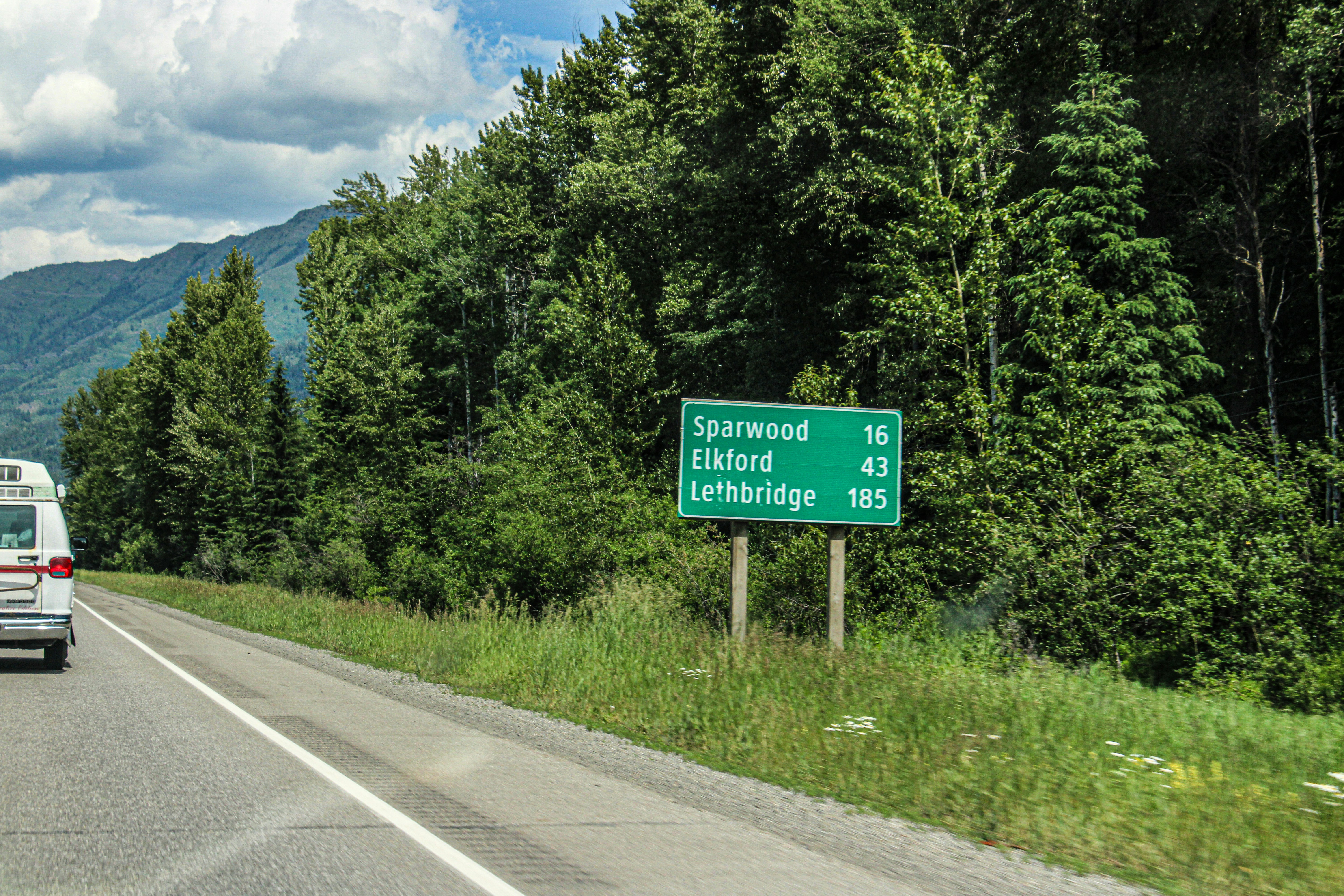 A van driving down a road next to a forest