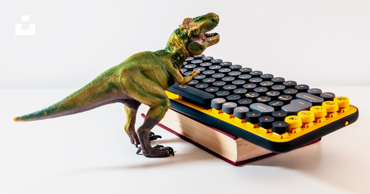 A toy dinosaur is playing with a computer keyboard photo – Free ...