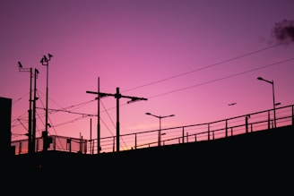 A train traveling down a train track at sunset