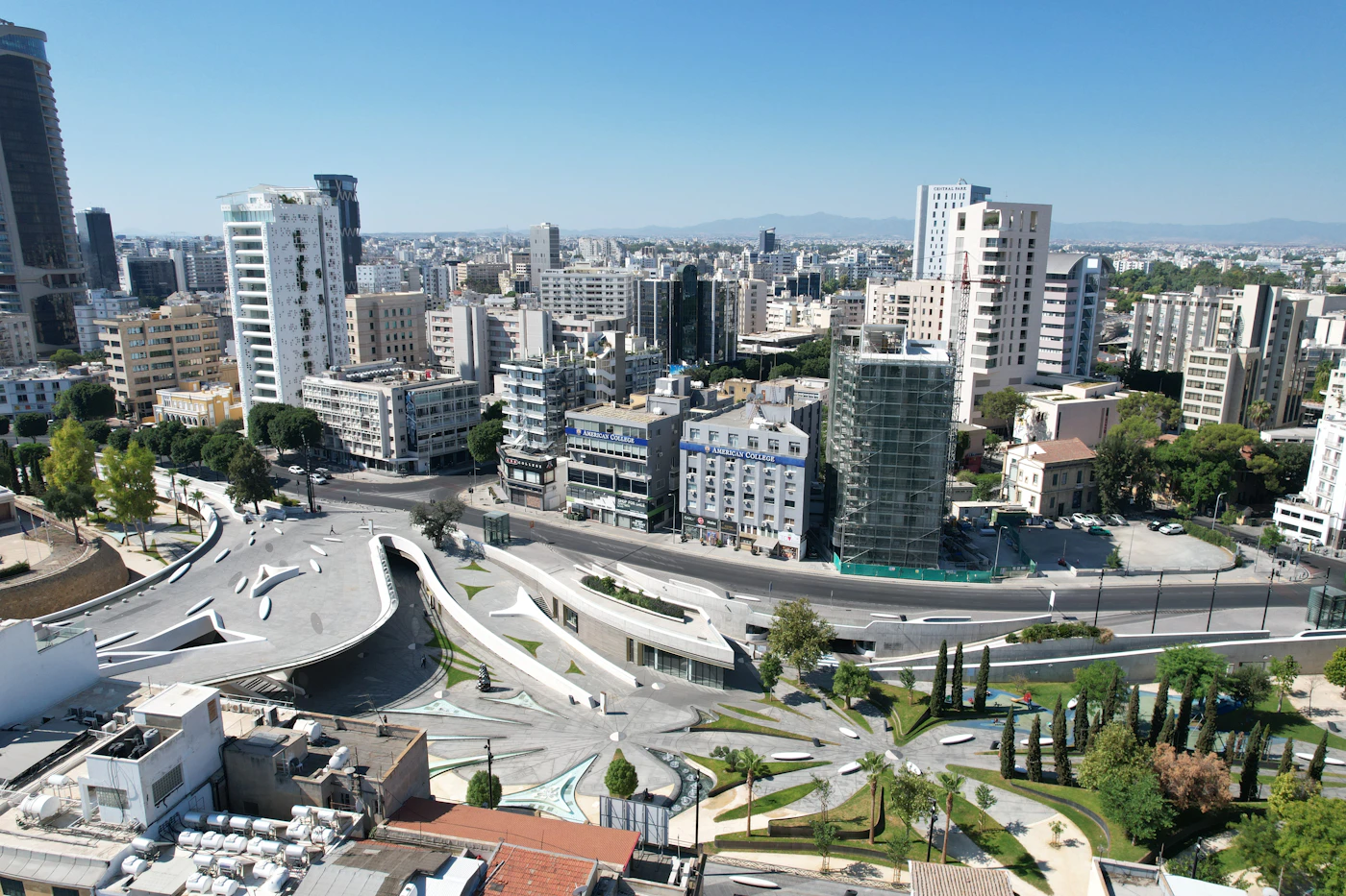Aerial view of Nicosia, Cyprus, showing the city skyline from above