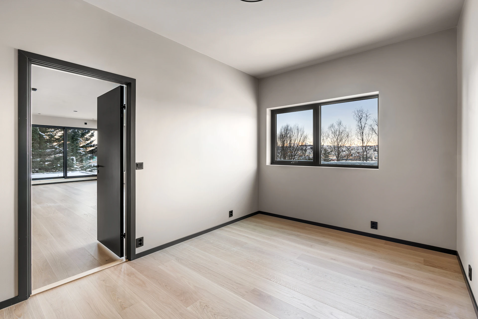 An empty room with a door and a window