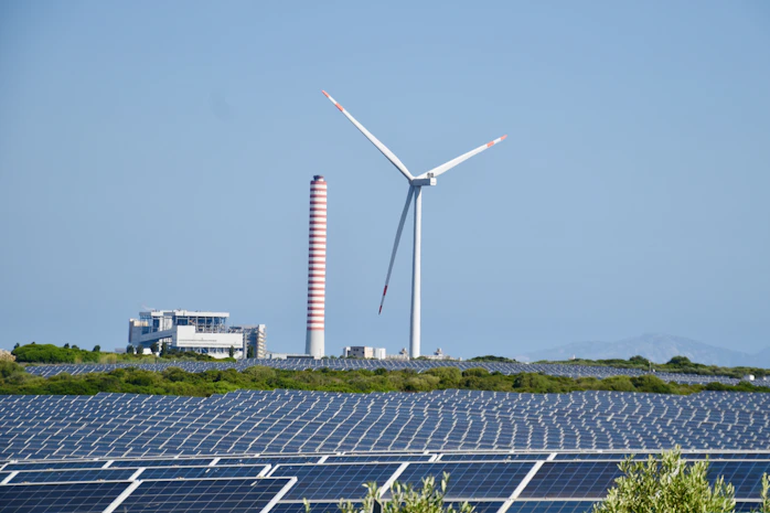 A wind farm with a wind turbine in the background