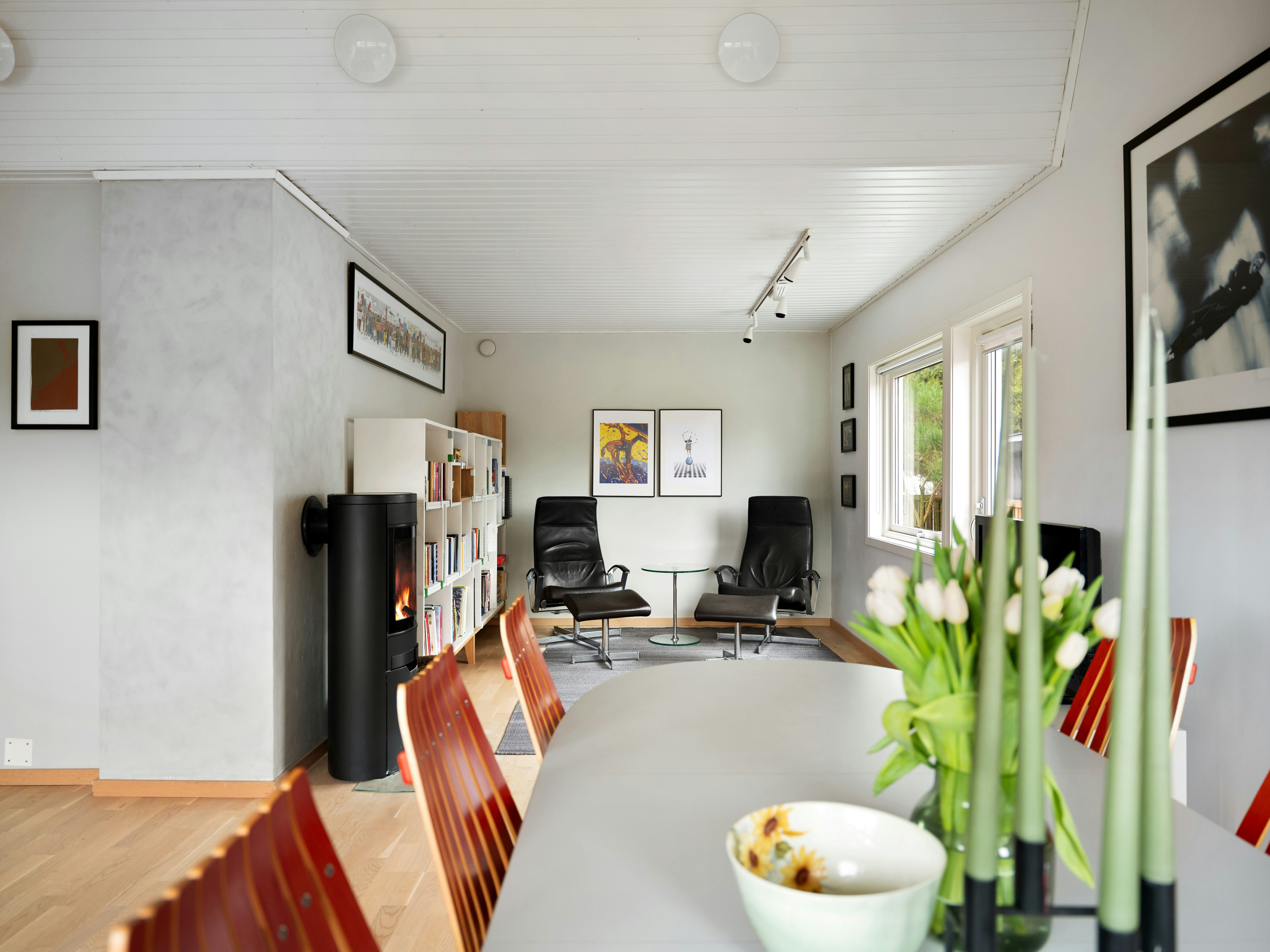A dining room table with a bowl of food on it