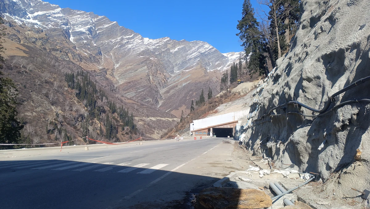 Mountain road through the Himalayas near Manali on the Delhi to Manali Volvo tour